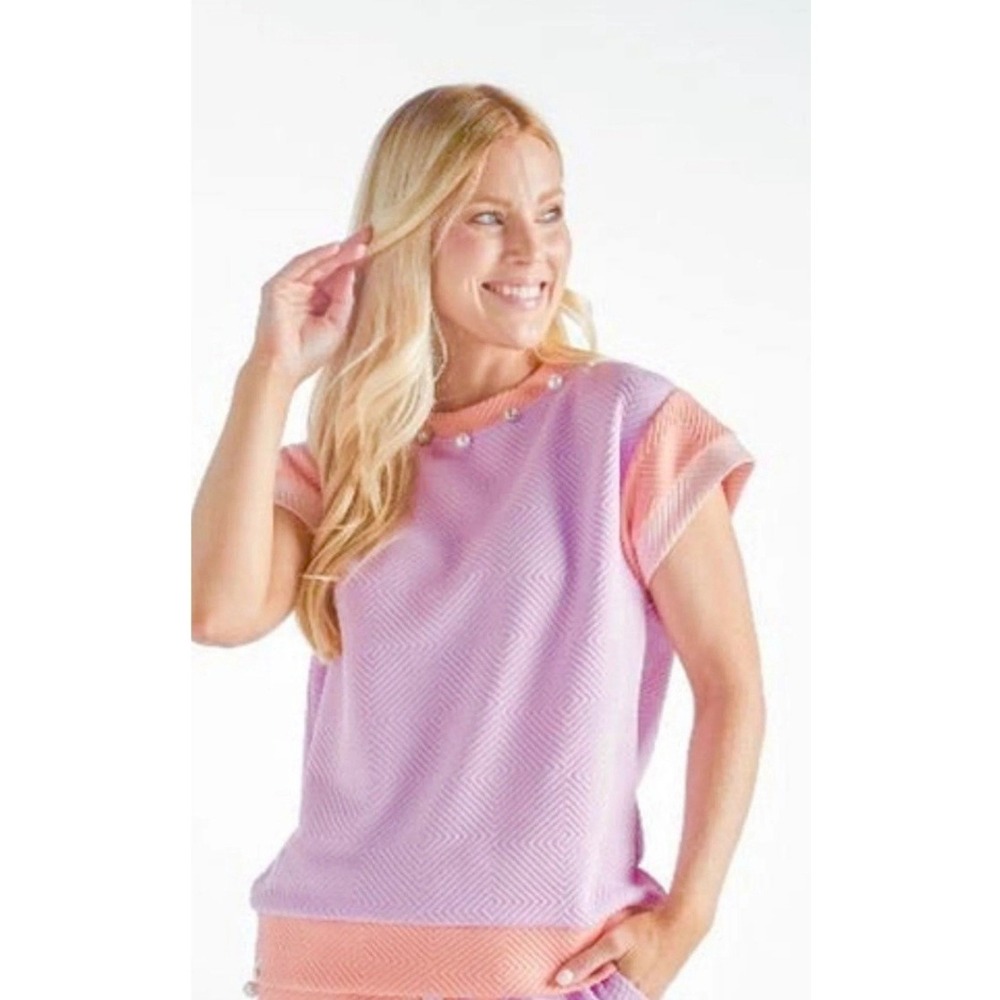 NWT Simply Southern Top Womens Small Purple Peach Pearl Embellished Quilted Knit